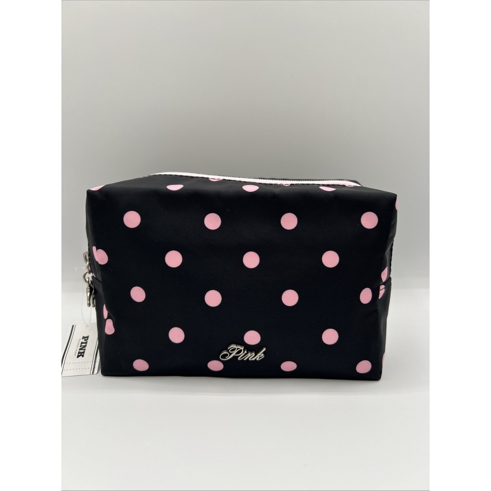 Victoria's Secret PINK Black & Pink Polka Dot Makeup Bag Cosmetic Case Pouch NWT